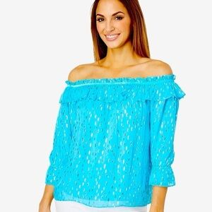 Lilly Pulitzer Ceecee Off-The-Shoulder Top Turquoise Oasis Metallic Dobby